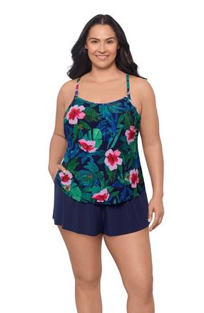 Trimshaper Farrah Scoopneck Swim Romper with Pockets in Jungle Oasis at Nordstrom, Size 24W