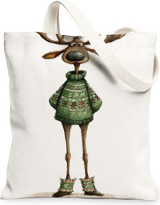 Generic Christmas Reindeer Canvas Tote Bags, Fun Animal Pattern Reusable Grocery Bags, Winter Cozy Lightweight Washable Canvas for Outdoor Travel Picnic 13x15