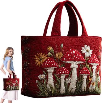 Generic Quilted Tote Bag, Embroidery Floral Animal Patchwork Bags, Boho Tote Bags for Women, Large Capacity Canvas Totes, Suitable for Office, Shopping, Appoi