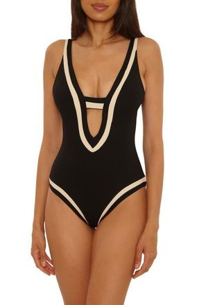 BECCA by Rebecca Virtue Coast Line Plunge One-Piece Swimsuit in Black/Tan at Nordstrom, Size Small