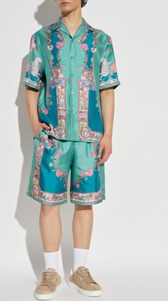 Versace Silk Shorts With Coral Theatre Print, Mens, Blue