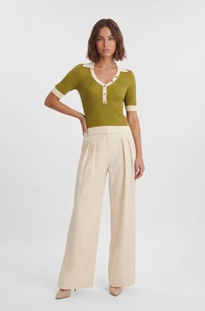 Karen Millen Womens Knit Rib With Contrast Hem Detail Collared Short Sleeve Top - Khaki polyamide - Size X-Small