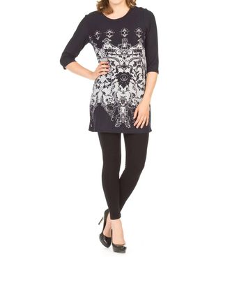 Papillon Filigree Print 3/4 Sleeve Dress In Navy