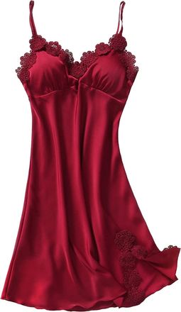 Generic Womens Sexy Solid Colour Imitation Silk Nightdress with Bud Silk Belt Breast Pad Gathered Suspender Stylish Comfortable Nightgown Ladies Sleepwear Ele