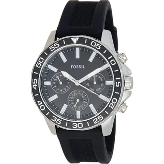Fossil Bannon Multifunction Black Silicone Watch in Silver at Nordstrom Rack