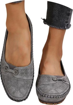 Generic Womens Leather Soft-Soled Non-Slip Shoes, Comfortable Soft Hand-Stitched Suede Loafers, Lightweight Slip On Flat Walking Shoes for Women (Grey,5.5)