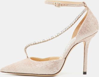 Jimmy Choo London Metallic Lurex Fabric Talika Crystal Embellished Ankle Strap Pumps