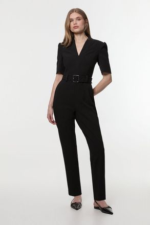 Karen Millen Womens Petite Structured Crepe Forever Belted Jumpsuit - Black - Size 10 UK