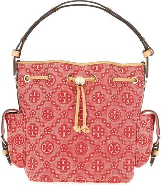 Tory Burch T Monogram Denim Bucket Bag - Dames - Schoudertassen - Rood - ONE Size - Denim - Tassen