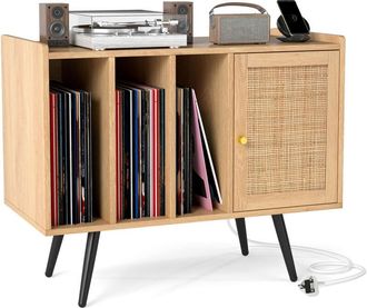 Costway Rattan Record Player Stand with Charging Station Natural