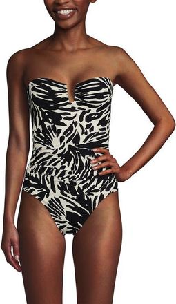 Lands End Slender Suit Tummy Control U-Wire Bandeau One Piece Swimsuit in Black/egret White Leaf Scroll at Nordstrom, Size 12