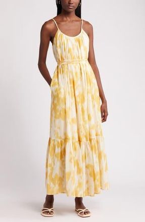 Nordstrom Cotton & Silk Tie Waist Tiered Sundress in Ivory Dove- Yellow Lotus Blur at Nordstrom Rack, Size Small
