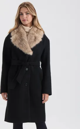 Ellen Tracy Womens Long Faux Wool Coat with Detachable Faux Fur Collar