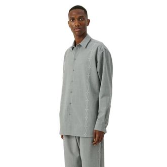 Soulland Geborduurd Grijs Overshirt met Verticale Borduursels - Heren - Casual Overhemden - Grijs - S/M - Overhemden