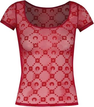 Marine Serre T-Shirts, female, Red, Size: S Moonogram Mesh Flock Roundneck T-Shirt