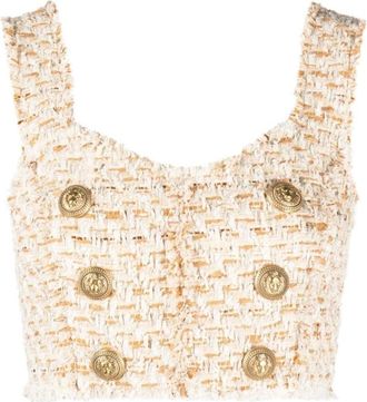 Balmain Tweed Cropped Top Multicolor Casual Stijl - Dames - Tops zonder mouwen - Beige - M - Tweed - Tops