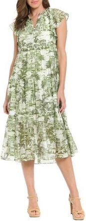London Times Flutter Sleeve Babydoll Dress in Pesto/Cream at Nordstrom Rack, Size X-Large