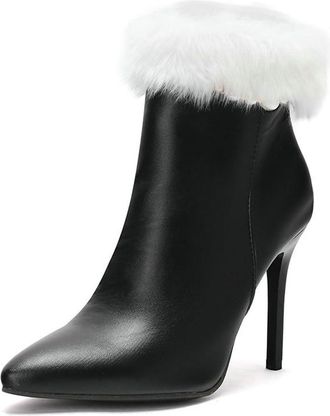 Generic Womens Winter Faux Fur Dressy Ankle Boots Pointed Toe Zipper Stiletto Heels Pumps Winter Casual Party Shoes (Black,7.5)