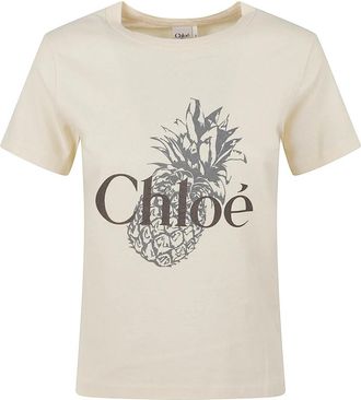 Chlo&eacute; Ananas Print Crew Neck T-shirt - Dames - T-shirts - Beige - S - Katoen - Tops