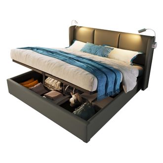 STILVORA Cama Con Arc&oacute;n 140 X 200 Cm De Pu, Cama Doble Con L&aacute;mpara De Lectura Usb, Sin Colch&oacute;n, Gris