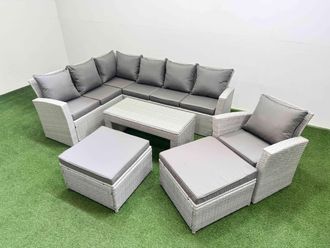 Fimous Outdoor 9 Seater Corner Sofa Sets with Chair 2 Big Stools Light Grey