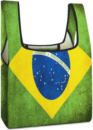 Generic Vintage Brazil Flag Reusable Shopping Bags Lightweight Foldable Grocery Bag Polyester Washable Tote Bag