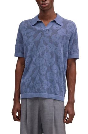 Nn.07 Ryan Floral Pointelle Jersey Polo in Stone Blue at Nordstrom, Size Xx-Large