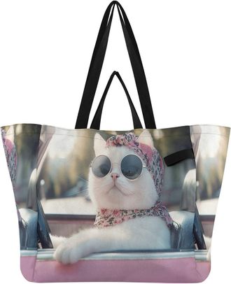 Generic Driving White Cat print Reusable Canvas Tote Bag, Heavy Duty Grocery Shopping Bag with Double Handles Hard Bottom Large Capacity Work Groceries Travel