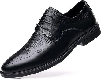 Generic Formal Dress Shoes for Men Lace Up Burnished Toe Embossed Derby Shoes Faux Leather Rubber Sole Block Heel Low Top Business(Black,6.5 UK)