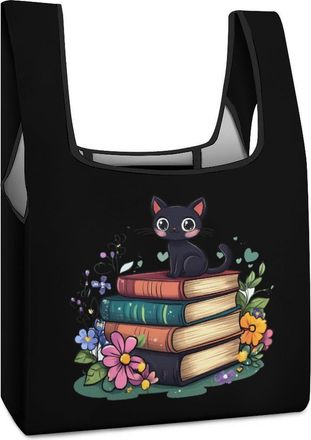 Generic Book Cat Flowers Shopping Bag Reusable Grocery Tote Bag Foldable Handbag for Travel Picnic