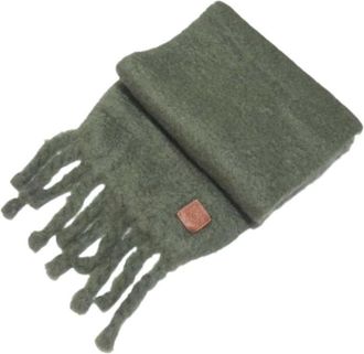 Loewe Pre-owned Scarves, male, Green, Size: ONE SIZE Pre-owned Anagram Patch Mohair Knit Fringe Scarf