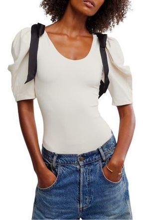 Free People What a Girl Wants Bow Puff Sleeve Bodysuit in Jet Stream at Nordstrom Rack, Size X-Small