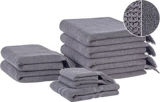Beliani Beliani - Conjunto De 9 Toallas De Algod&oacute;n Gris Rizo Textura Borlas Decorativas Ba&ntilde;o Atiu