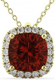 Allurez Halo Garnet Cushion Cut Pendant Necklace 14k Yellow Gold (2.02ct)