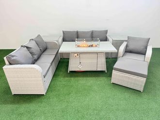 Fimous 8 Seater Poly Rattan Outdoor Garden Furniture Firepit Dining Table Sofa Set Patio 3 Seater Sofa Reclining Chair 3 Seater Sofa Big Footstool 2