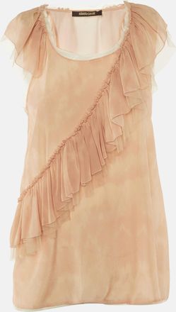 Roberto Cavalli Beige Tie Dye Silk Frill Detail Top