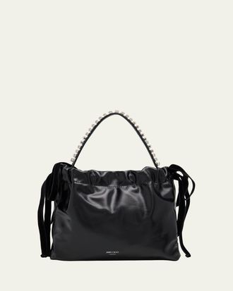Jimmy Choo London Leather Drawstring Mini Shoulder Bag with Crystal-Embellished Handle
