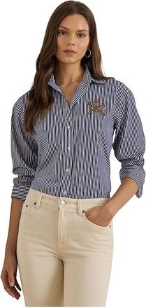 Lauren Ralph Lauren Relaxed Fit Striped Broadcloth Shirt Womens Clothing Blue/White : XS, Cotton