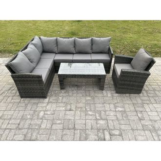 Fimous 7 Seater Outdoor Rattan Garden Furniture Set Corner Sofa Oblong Coffee Table Sets with Patio Armchair Dark Grey Mixed - Fimous