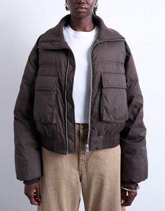 Topshop Giacca bomber corta color cioccolato con colletto a coste-Marrone