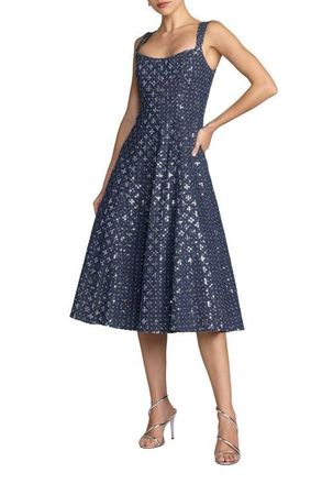 Mac Duggal Sleeveless Sequin Denim Midi Dress in Blue at Nordstrom, Size 10