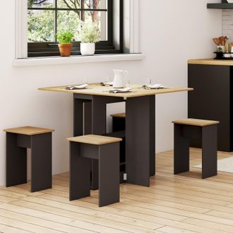 IDMarket Edi Consola Plegable Para 2-4 Personas En Madera Negra Con Tablero De Haya Y 4 Taburetes