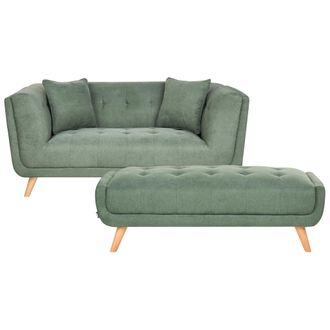 Beliani Sof&aacute; 2 Plazas De Tela Con Otomana Cojines Decorativos Patas De Madera Capiton&eacute; Estilo Retro Verde Habo