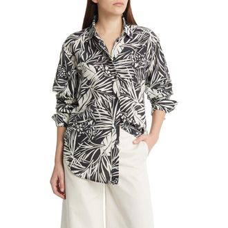 Frame Denim The Oversize Palm Print Cotton & Silk Button-Up Shirt in Noir Multi at Nordstrom Rack, Size X-Small