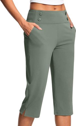 Generic Capri Pants for Women Ladies Cropped Pants High Waist Stretch Bottoms Yoga 3/4 Dress Pant with Pockets Summer Elegant Crop Trouser Office Business Wor