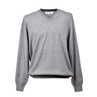Brunello Cucinelli Gray Cashmere V-Neck Pullover Sweater, Brand Size 58 (US Size 48)
