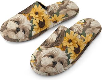 Generic Shih Tzu And Sunflowers Mens Slippers Flannel Warm House Shoes with Rubber Anti-Slip Sole Slip On for Home Outdoor