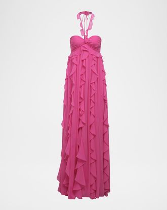Bcbgmaxazria Ruffle Chiffon Halter Gown