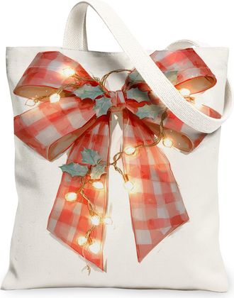 Generic Christmas Gingham Canvas Tote Bags, Festive Bow Pattern Reusable Bags, Winter Rustic Lightweight Washable Shoulder Strap Ca, Red, 13x15 Inch