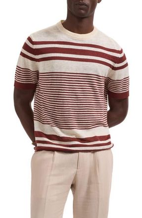 Bugatchi Stripe Short Sleeve Linen & Cotton Blend Sweater in Sienna at Nordstrom, Size Xxx-Large